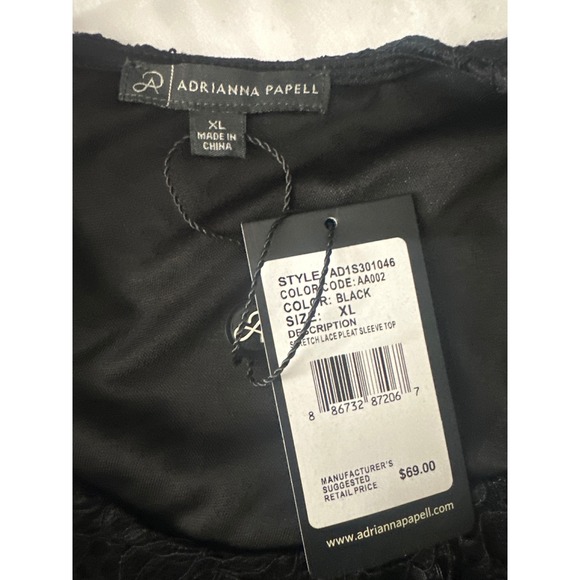 Adrianna Papell Black Lace Pleat Sleeve Top Women's XL Elegant - Picture 4 of 7